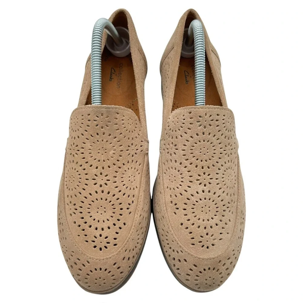 Clarks Women's Sand Trish Calla Perforated Suede Loafers Shoes Size 10 M